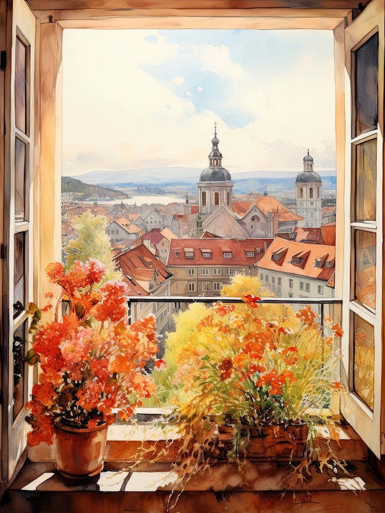 Window View Of Ljubljana Slovenia In Autumn Fall, Watercolour 1