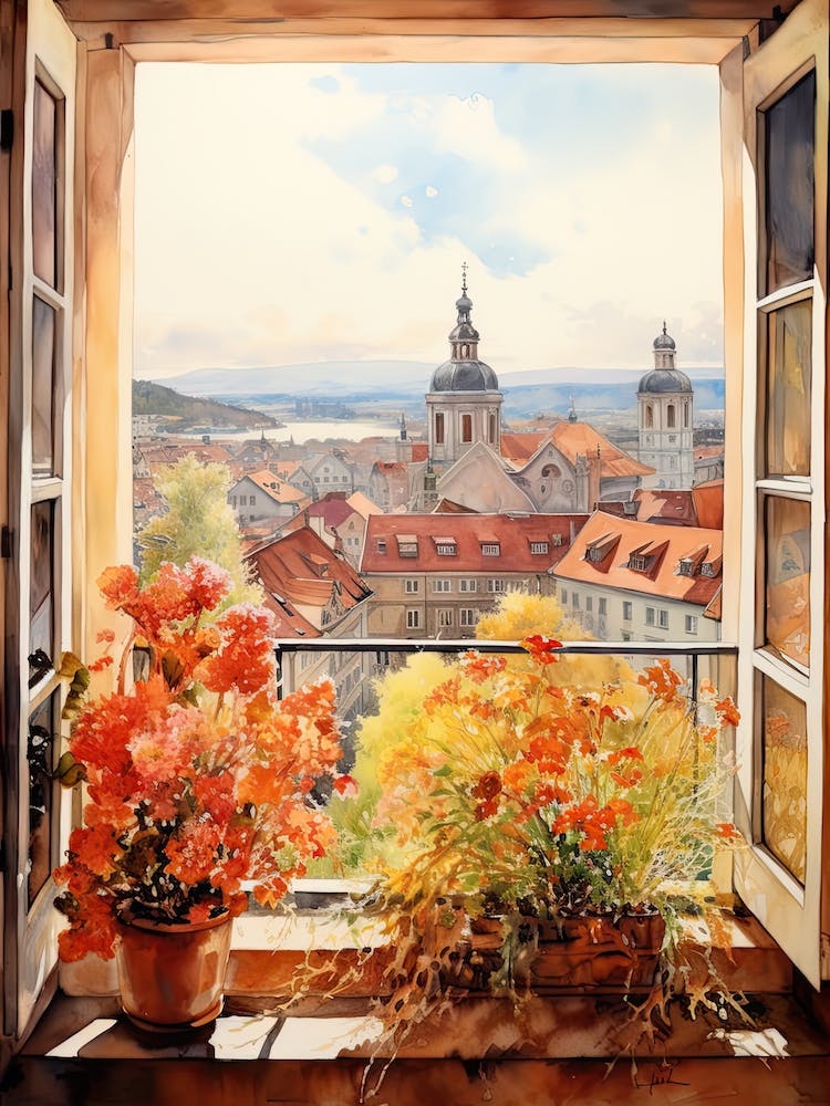 Window View Of Ljubljana Slovenia In Autumn Fall, Watercolour 1