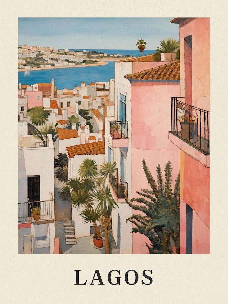 Lagos Portugal 2 Vintage Pink Travel Illustration Poster