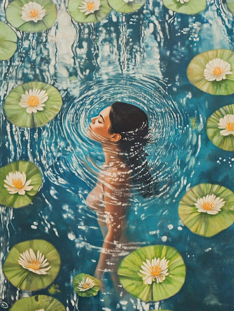 Frau im Wasser, schwimmen mit Seerosen