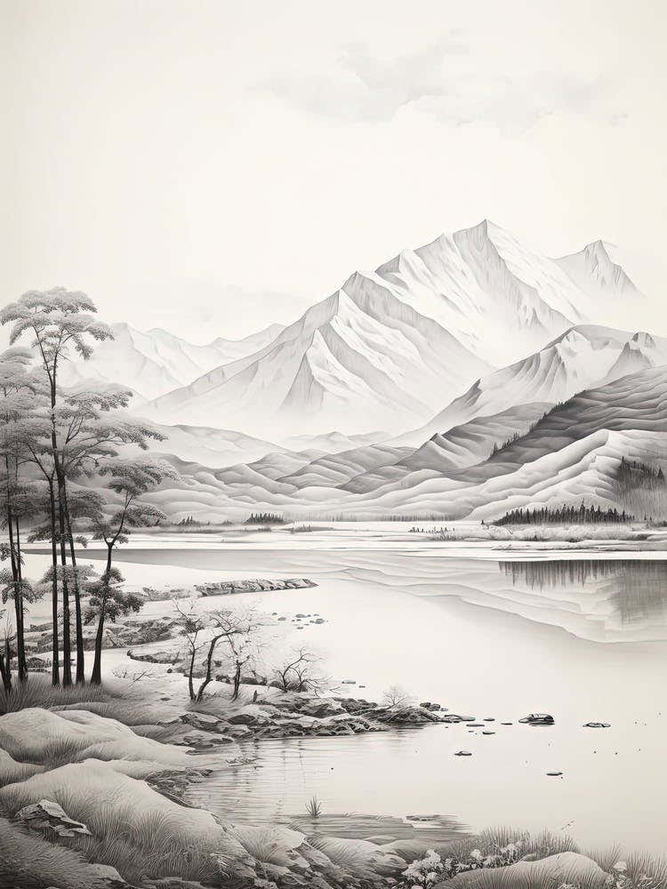 Kamikochi In Nagano In Nagano, Ukiyo E Black And White Line Art Drawing 2