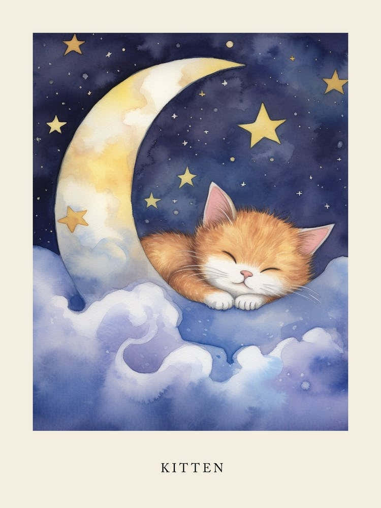 Baby Kitten 7 Sleeping In The Clouds Nursery Poster