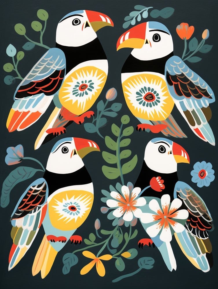 Folk Style Bird Painting Puffin 3