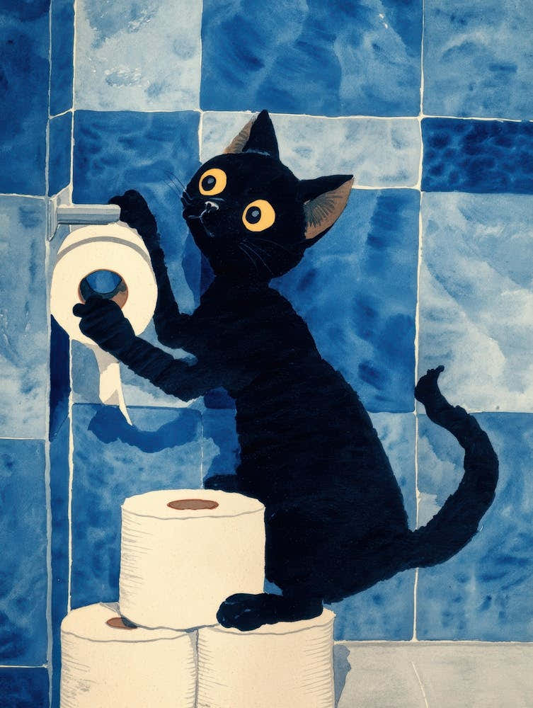 Black Cat Playing With Toilet Paper