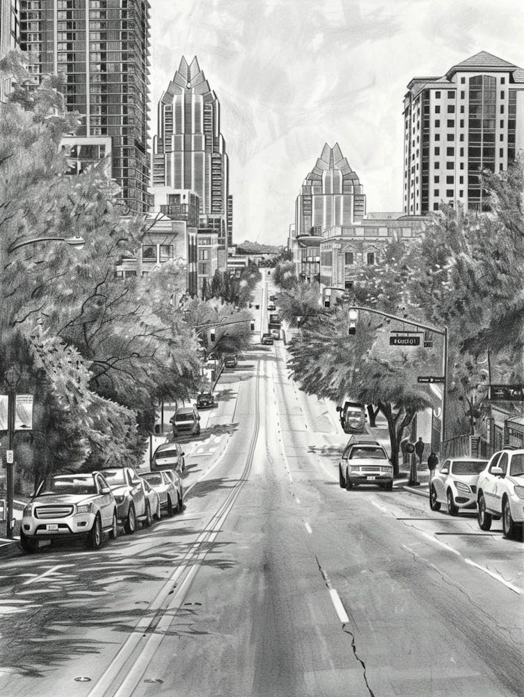 South Congress Avenue Austin Texas Black And White Drawing 4