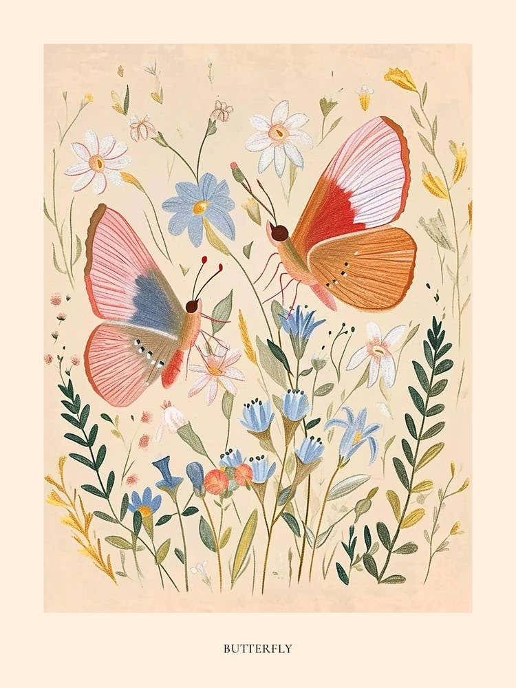 Folksy Floral Animal Drawing Butterfly Poster