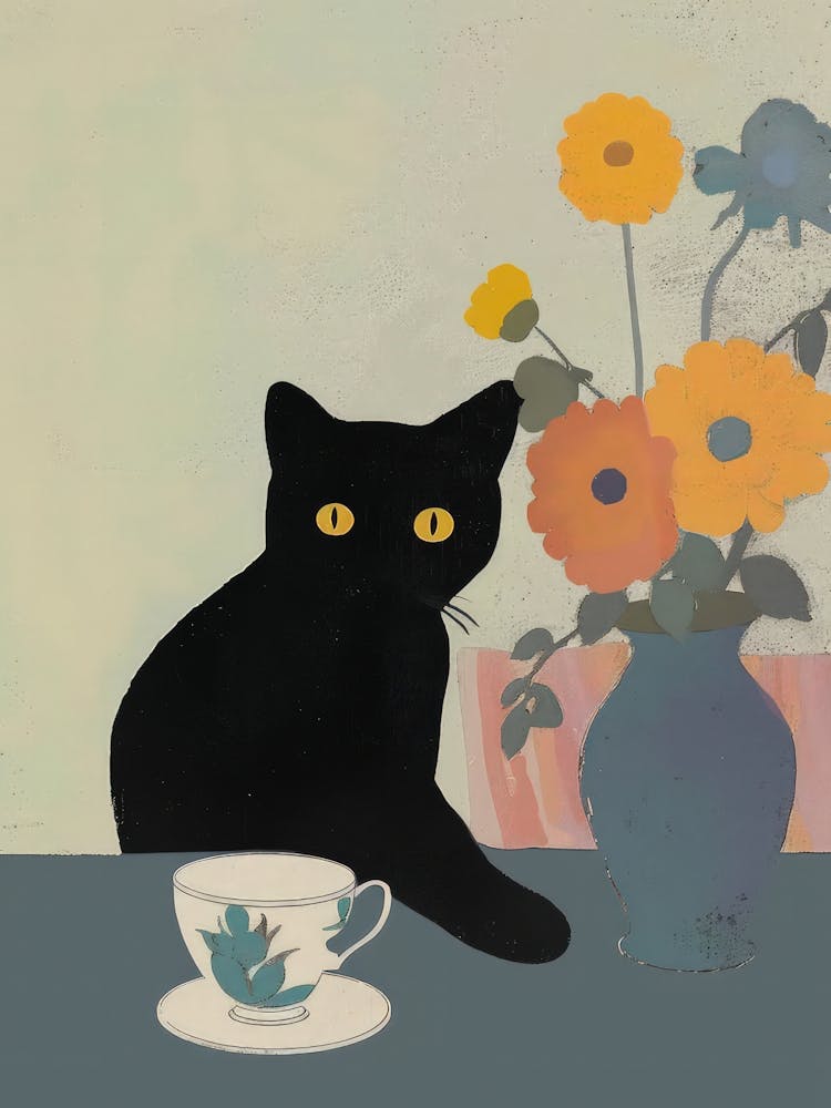 Black Cat Print Still Life With Tea Matisse Funny