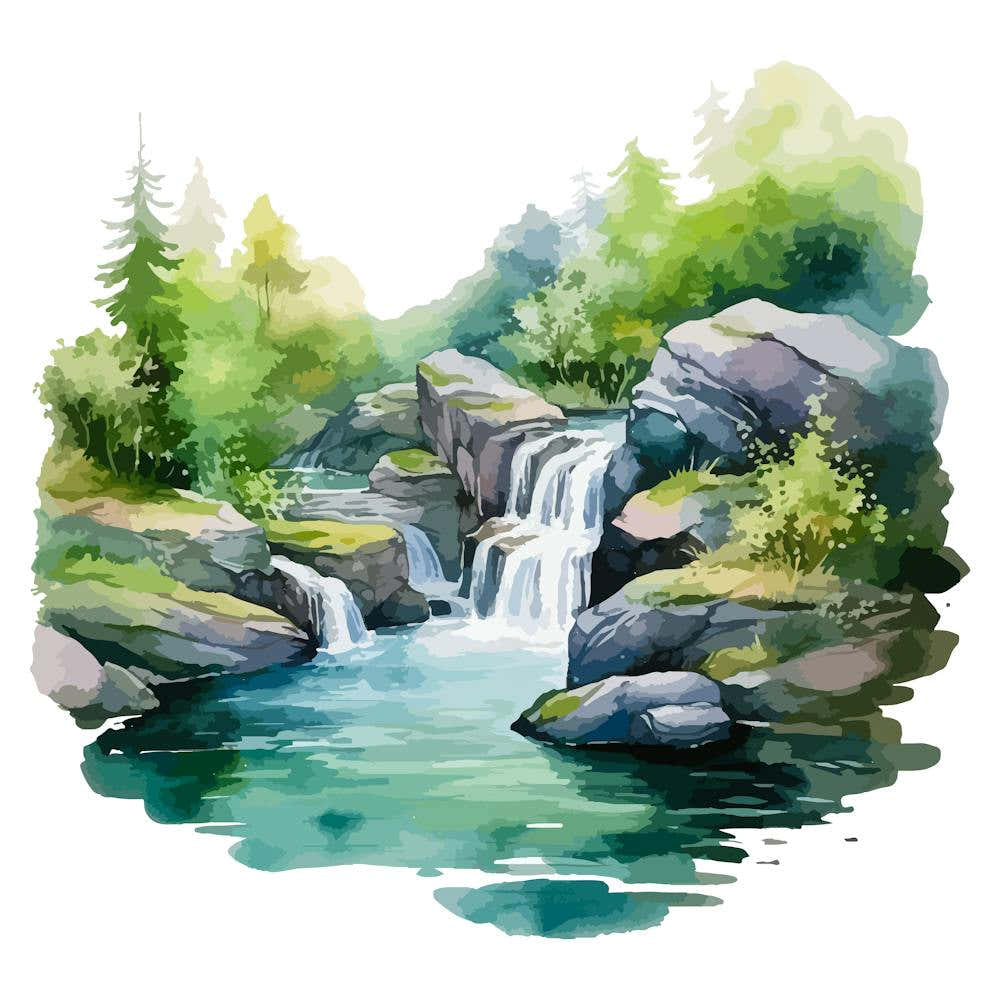 Watercolor Waterfall In The Forest