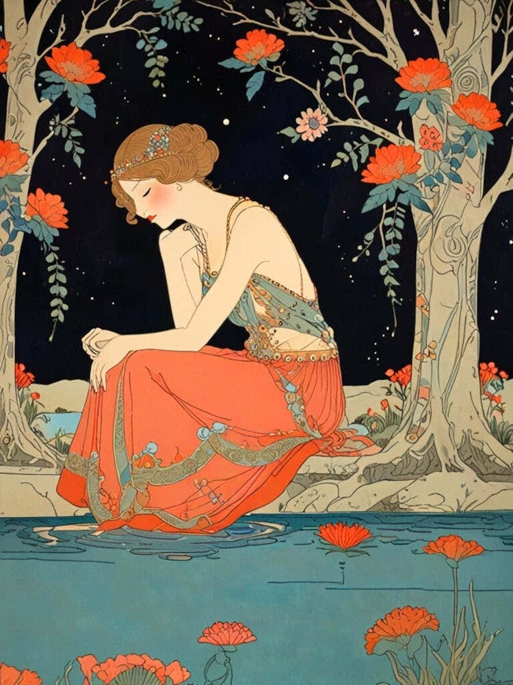 Woman Sitting By A Pond