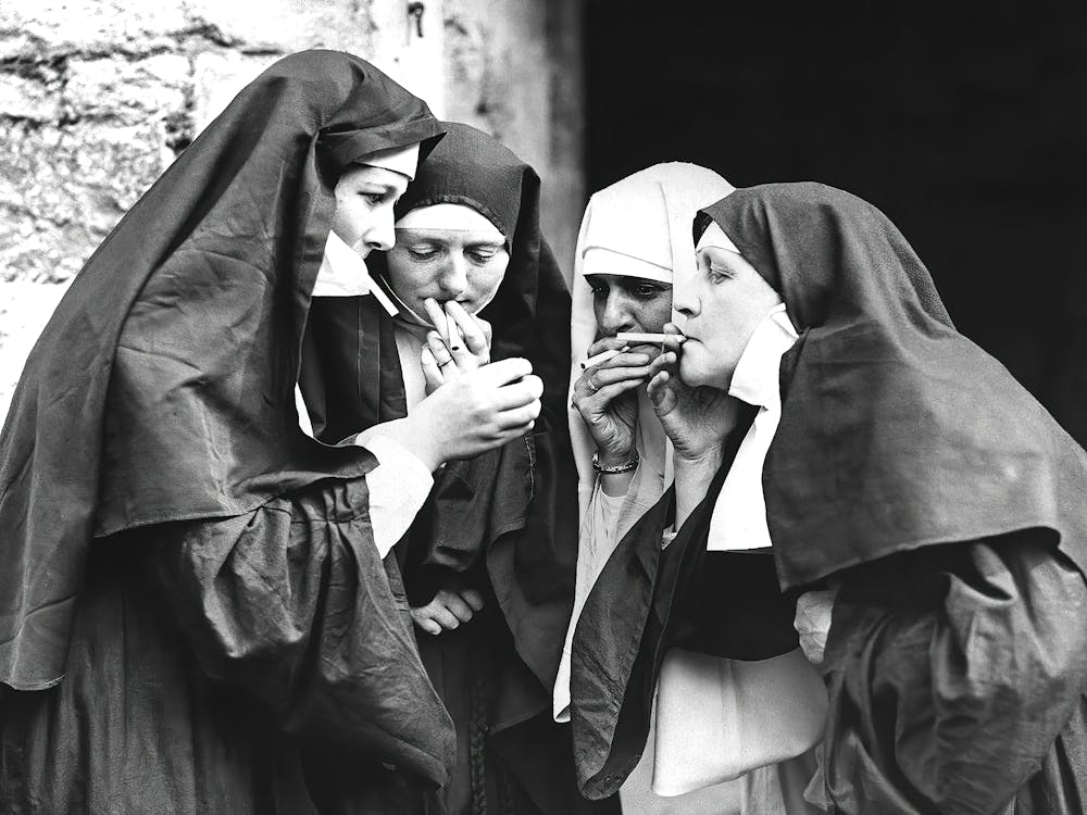 Nuns Smoking, Funny Black and White Vintage Photo