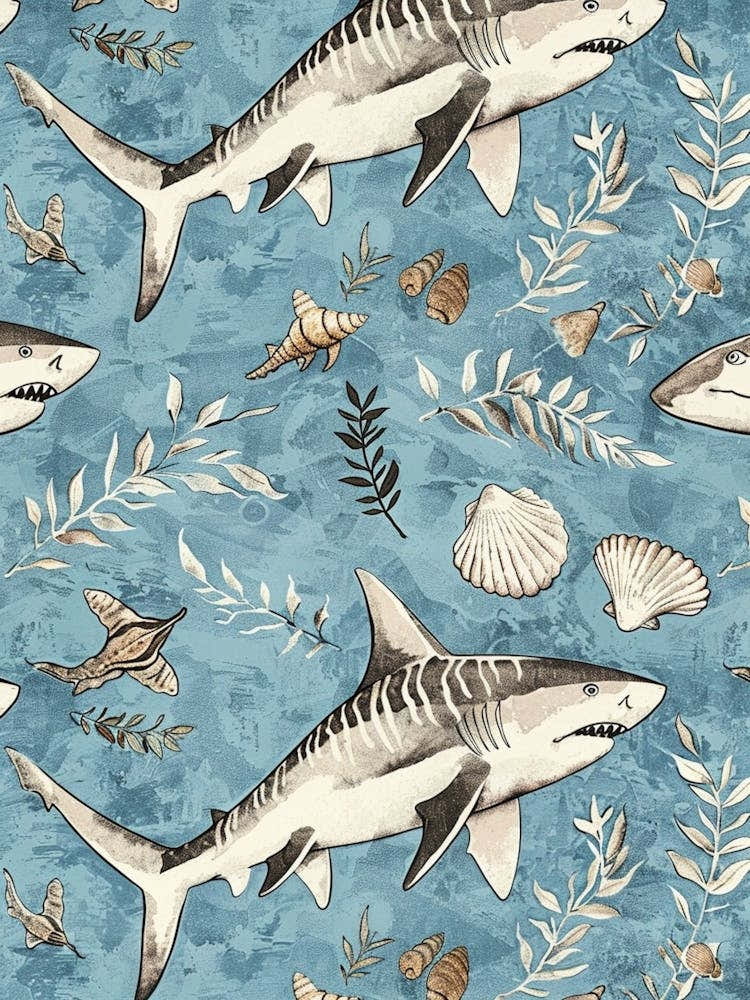Pastel Blue Zebra Shark Watercolour Seascape Pattern 3