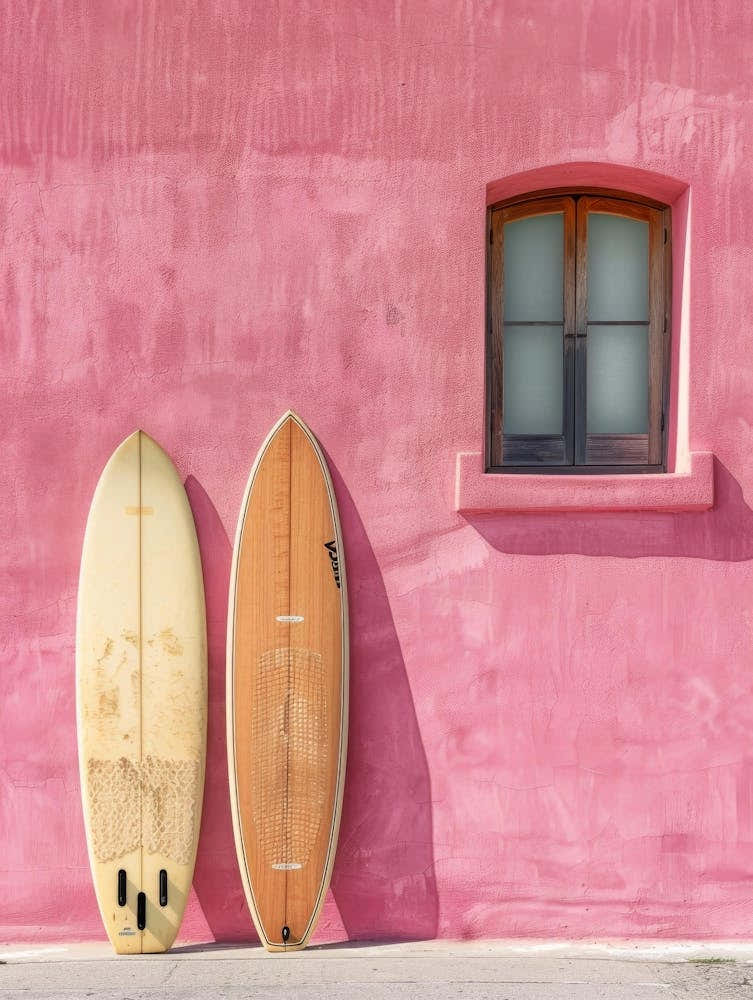 Two Surfboards Leaning Against A Pink Wall