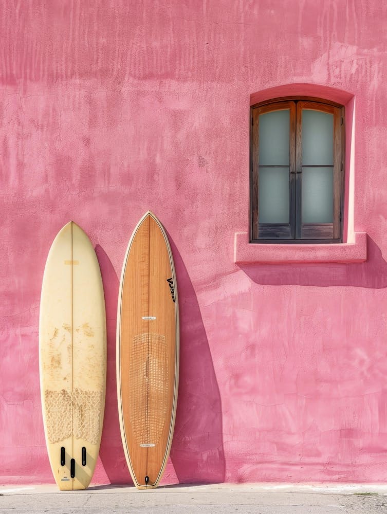 Two Surfboards Leaning Against A Pink Wall