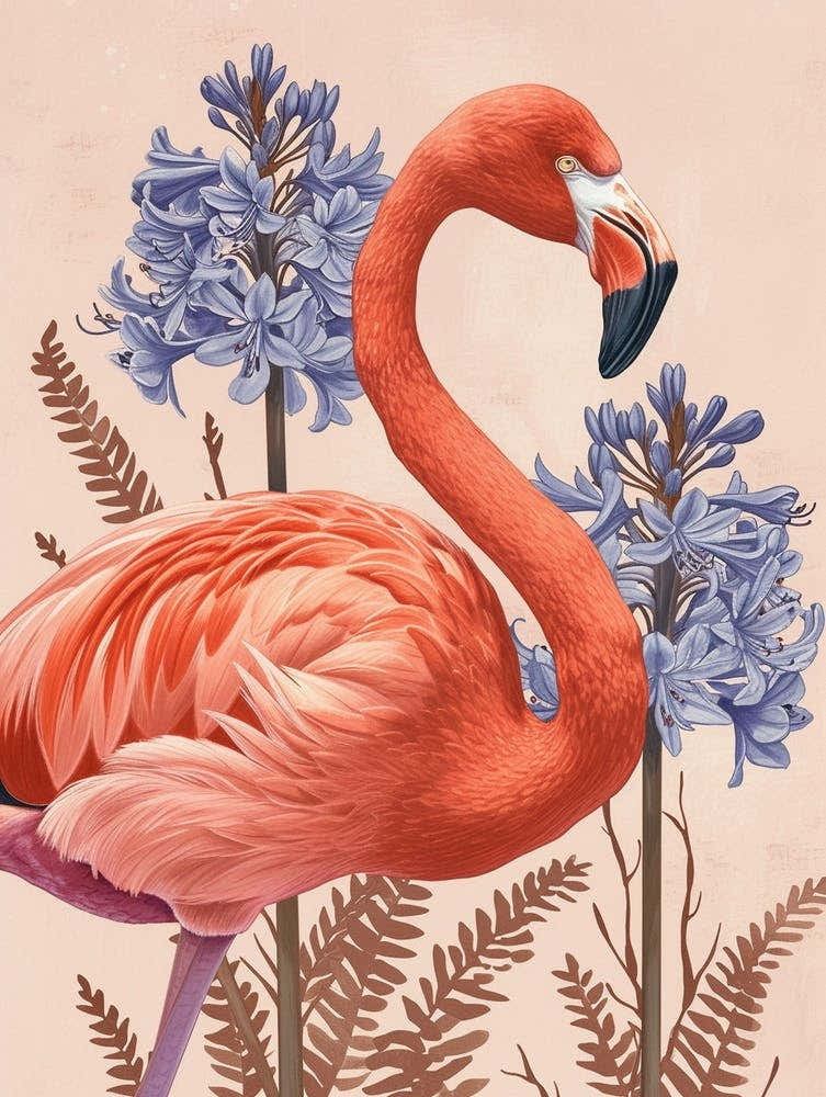 American Flamingo And Agapanthus Minimalist Illustration 1