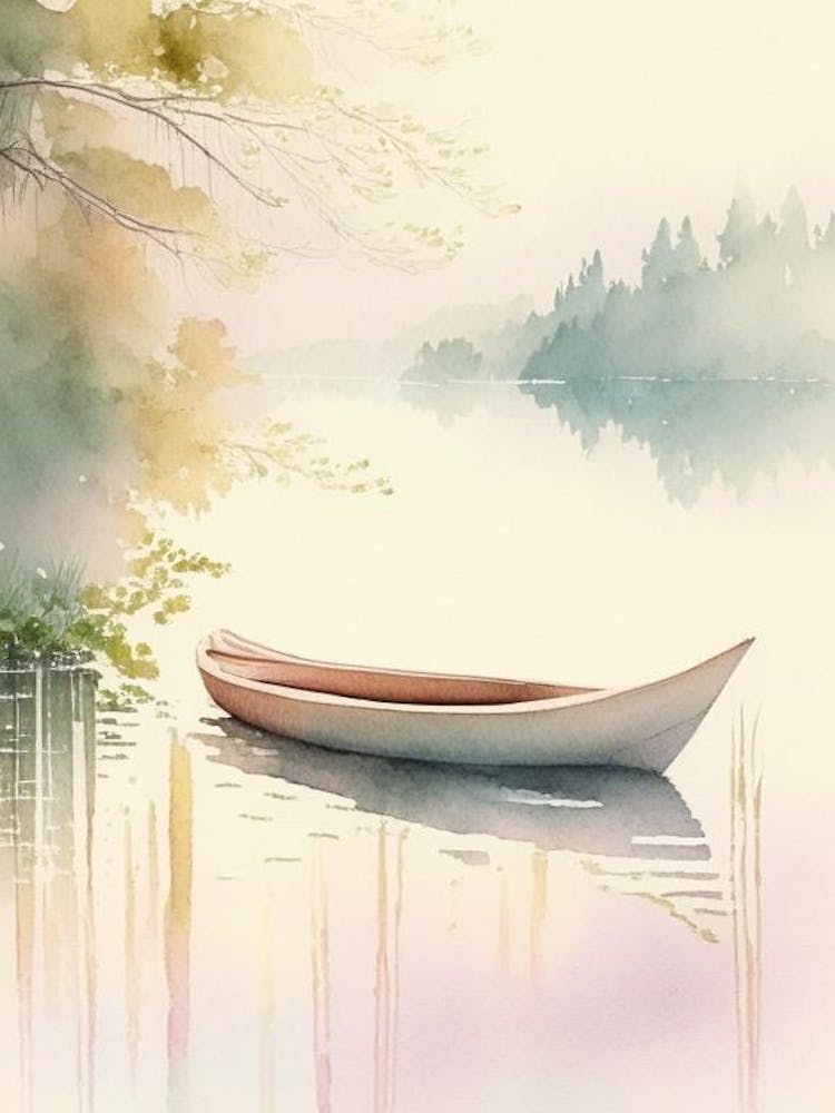 Canoe On Lake Water Waterscape Gouache 1