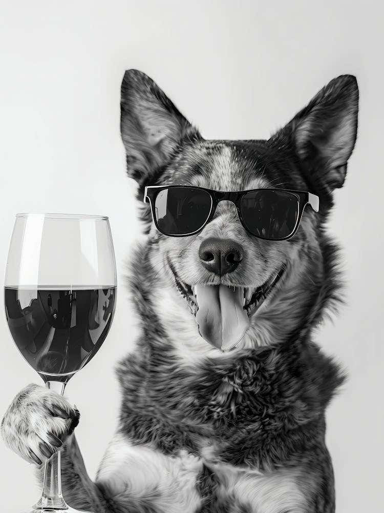 Australian Cattle Dog And Wine Wall Art, Black And White Print, Blue Heeler Gift, Alcohol Print, Funny Dog Poster, Kitchen Wall Decor