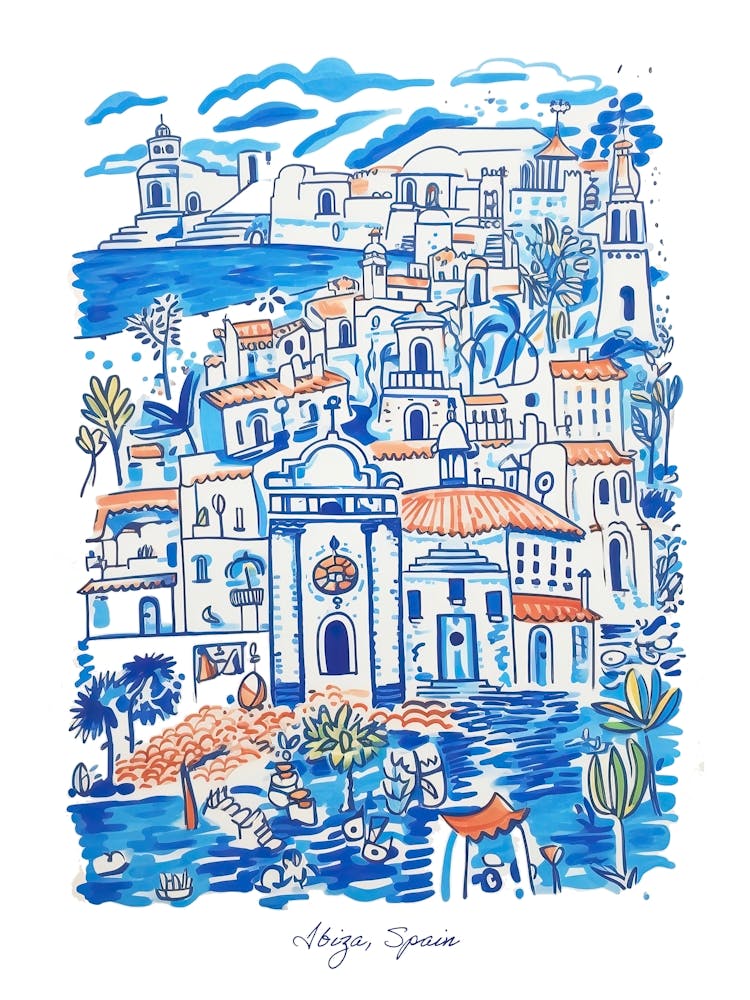 Ibiza Spain Illustration Line Art Travel Blue