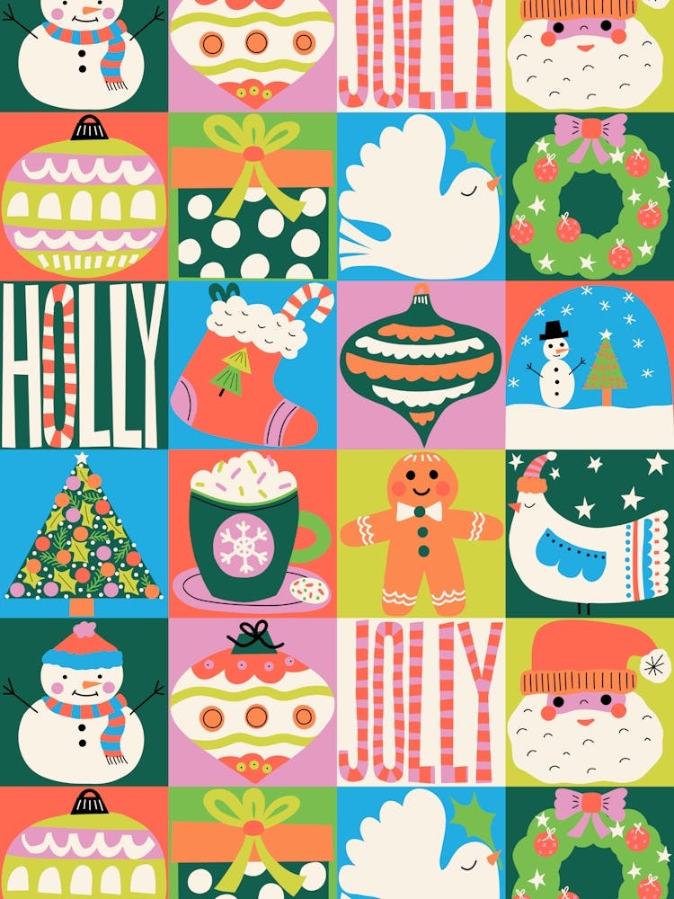 Holly Jolly Christmas Icons, Ornaments, and Gifts Patchwork Tile