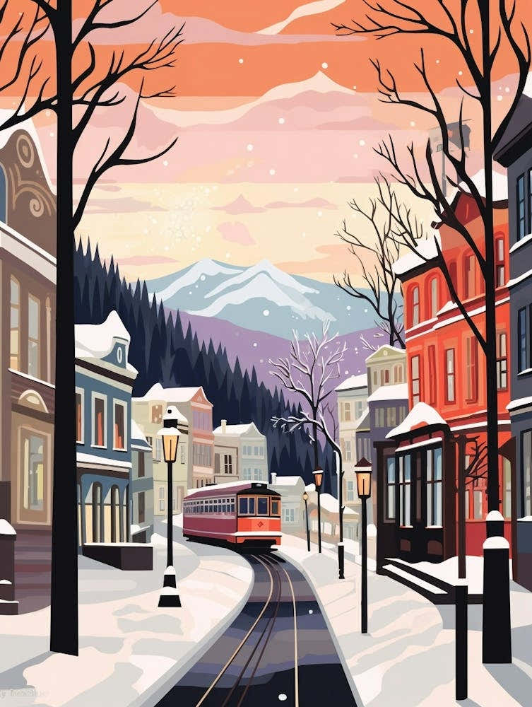 Vintage Winter Travel Illustration Bergen Norway 1