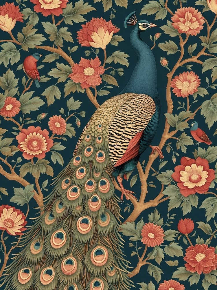 Blue & Red Peacock Vintage Wallpaper