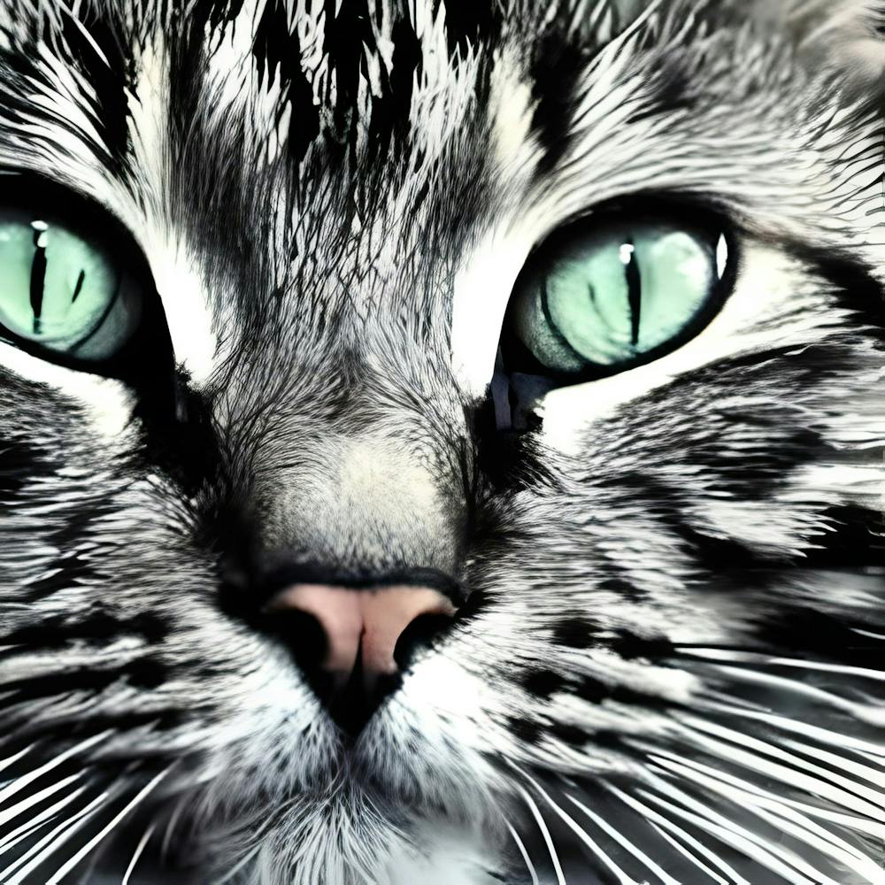CAT WITH GREEN EYES IN BLACK AND WHITE PRINT