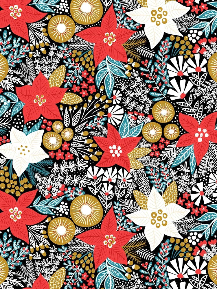 Poinsettia Flowers and Christmas Florals on Black