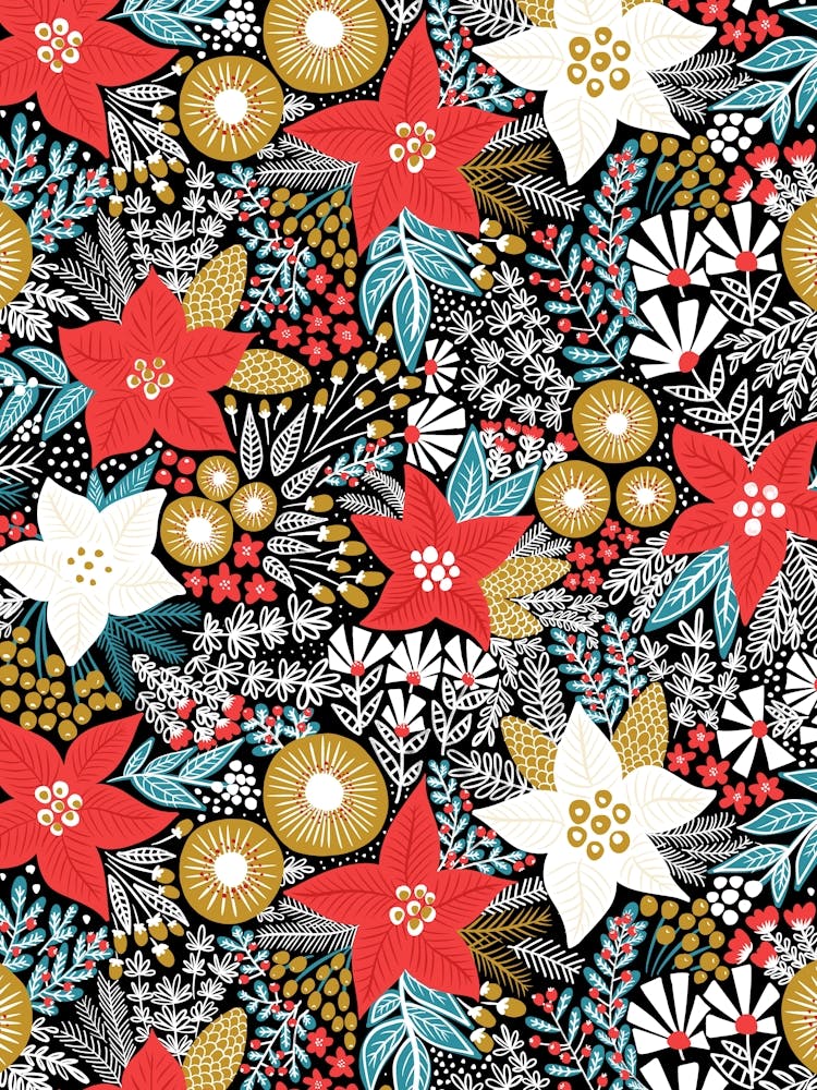 Poinsettia Flowers and Christmas Florals on Black