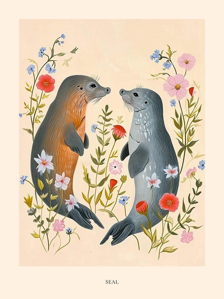 Folksy Floral Animal Drawing Seal 2 Poster