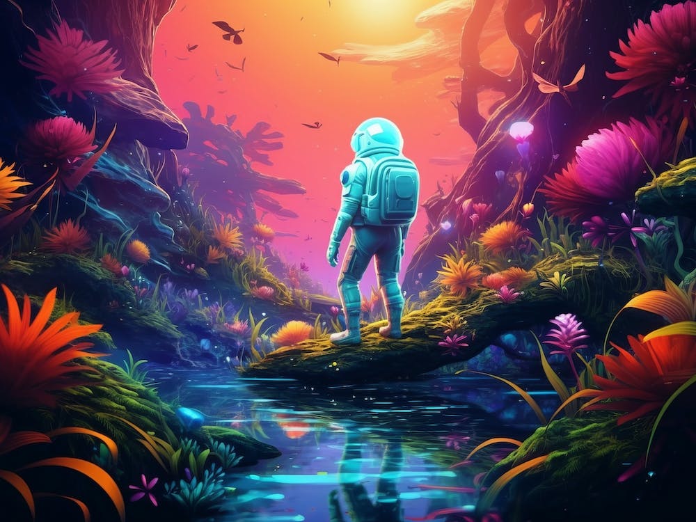 Psychedelic jungle astronaut standing on the edge of a neon-lit swampy forest