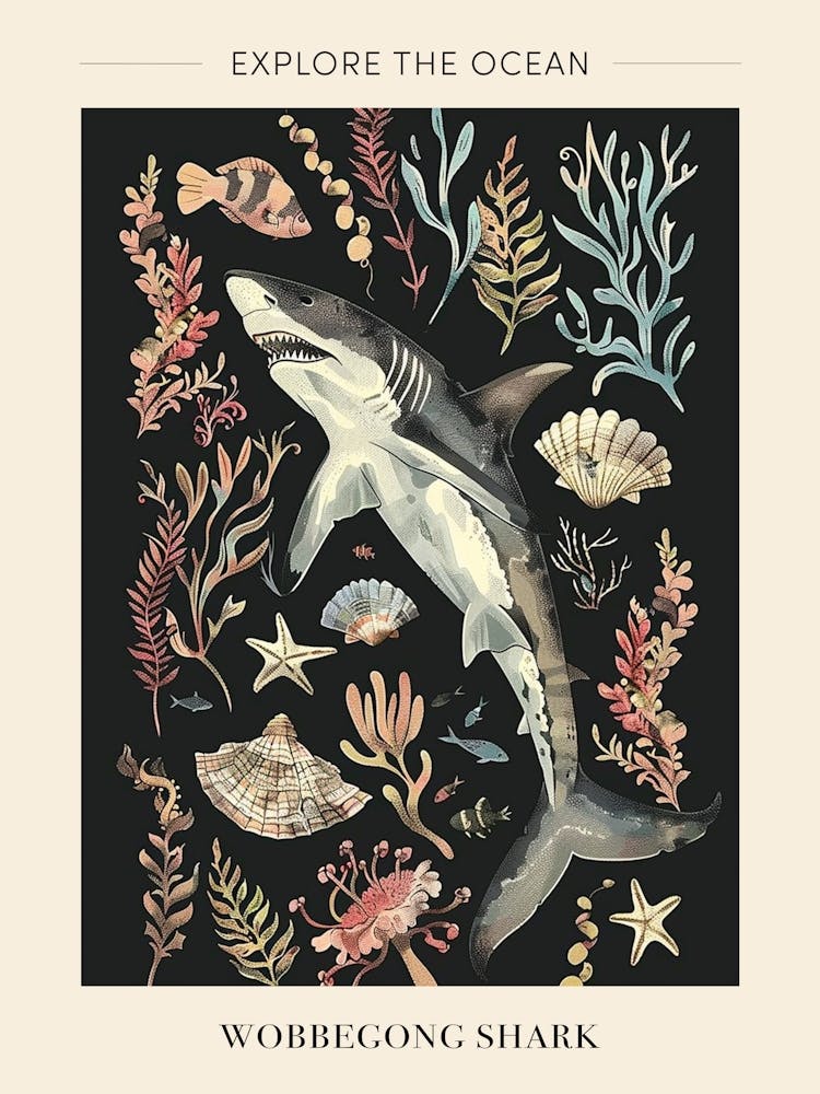 Wobbegong Shark Seascape Black Background Illustration 3 Poster