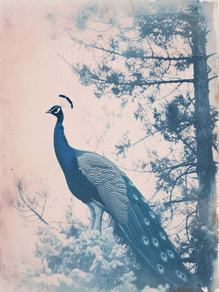 Peacock In The Snowy Tree Cyanotype