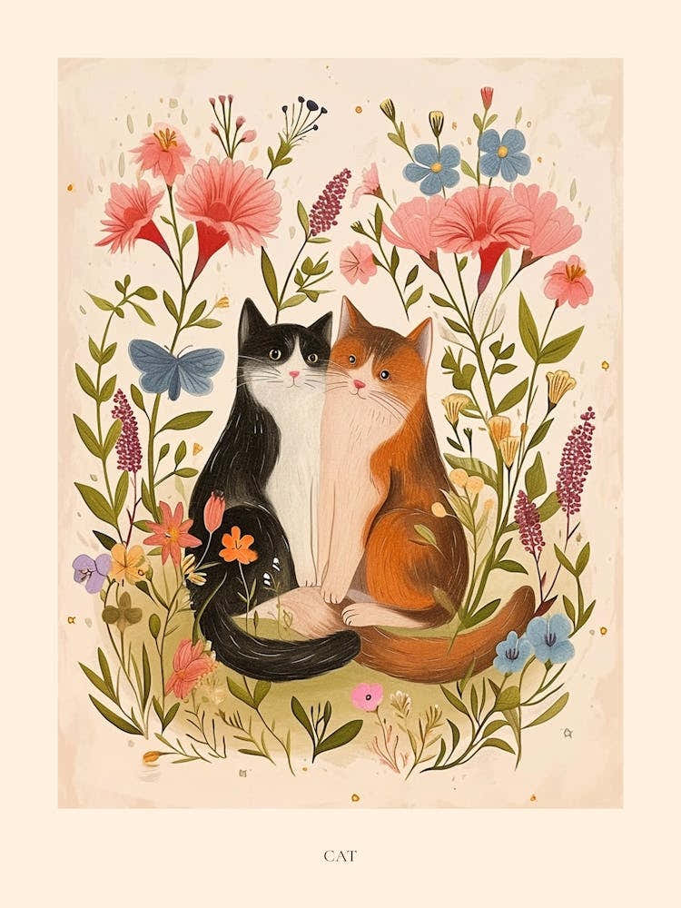 Folksy Floral Animal Drawing Cat 10 Poster