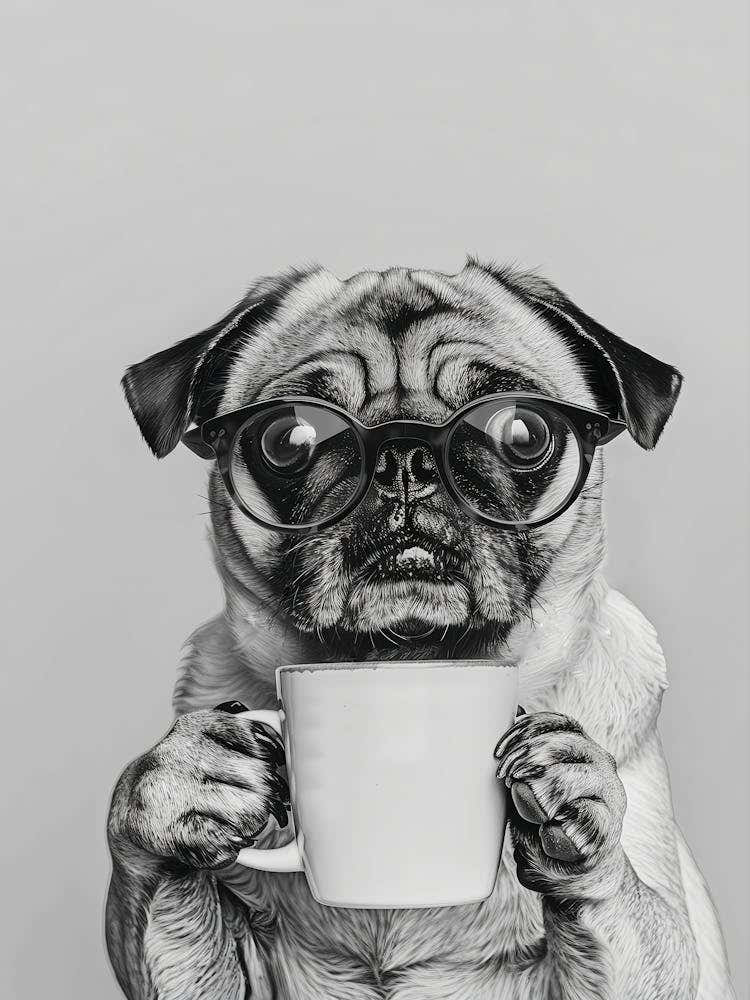 Pug Holding Coffee Wall Art, Black And White Print, Coffee Lover Print, Dog Gift, Funny Dog Poster, Coffee Bar Art, Kitchen Wall Decor