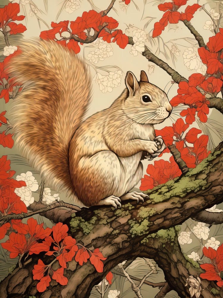 Squirrel Animal Drawing In The Style Of Ukiyo E 2