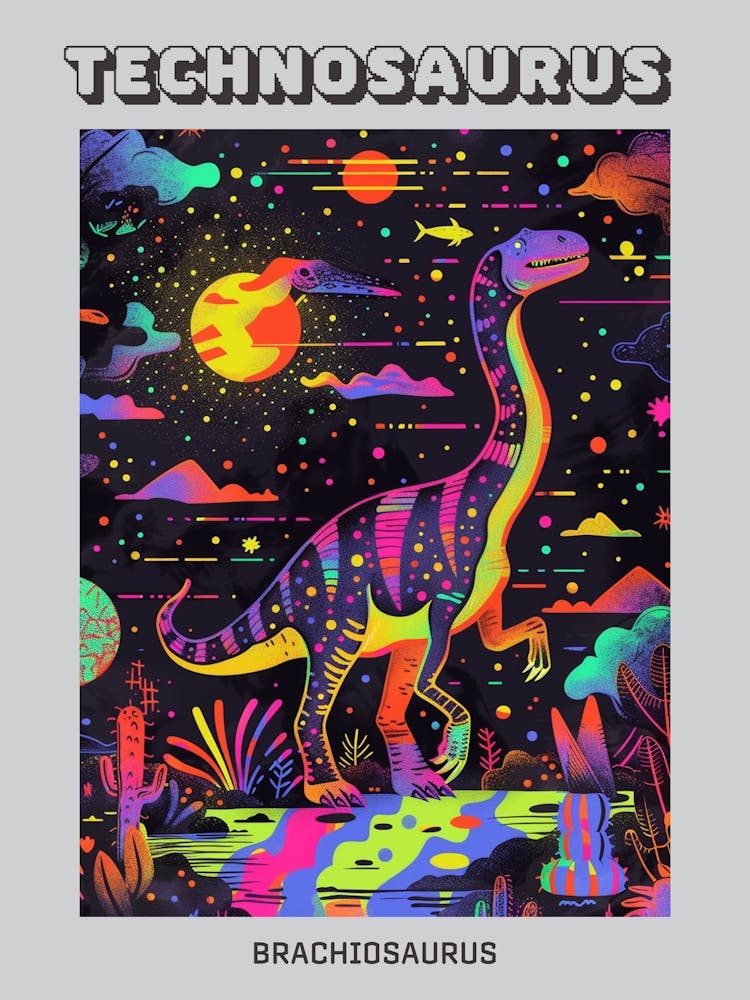Cute Neon Brachiosaurus At Night Poster