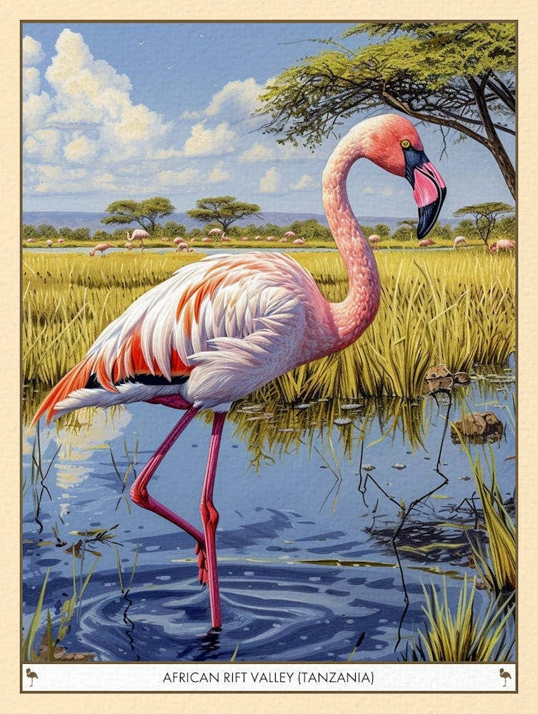 Greater Flamingo African Rift Valley Tanzania Tropical Illustration 3 Poster
