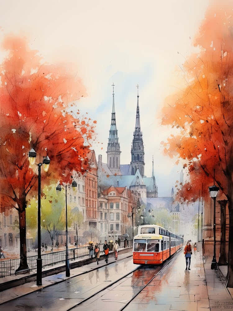 Hamburg Germany In Autumn Fall, Watercolour 2