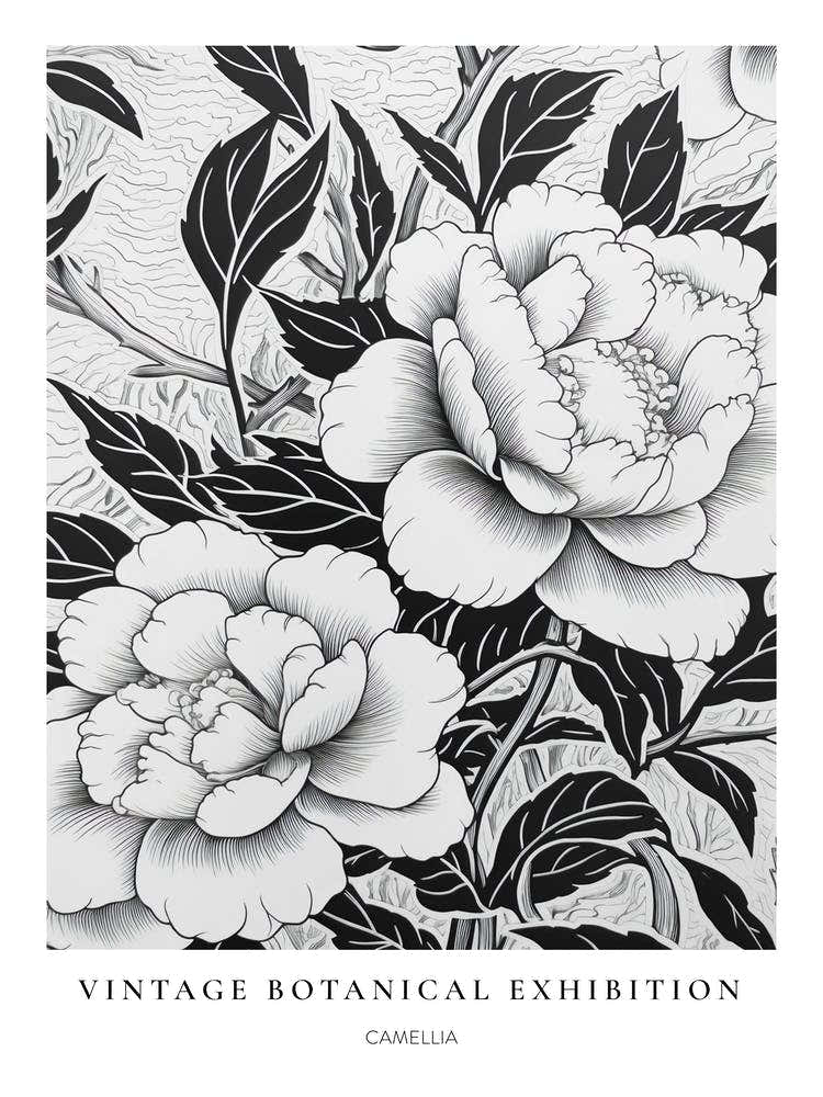 Camellia B&W Vintage Botanical Poster