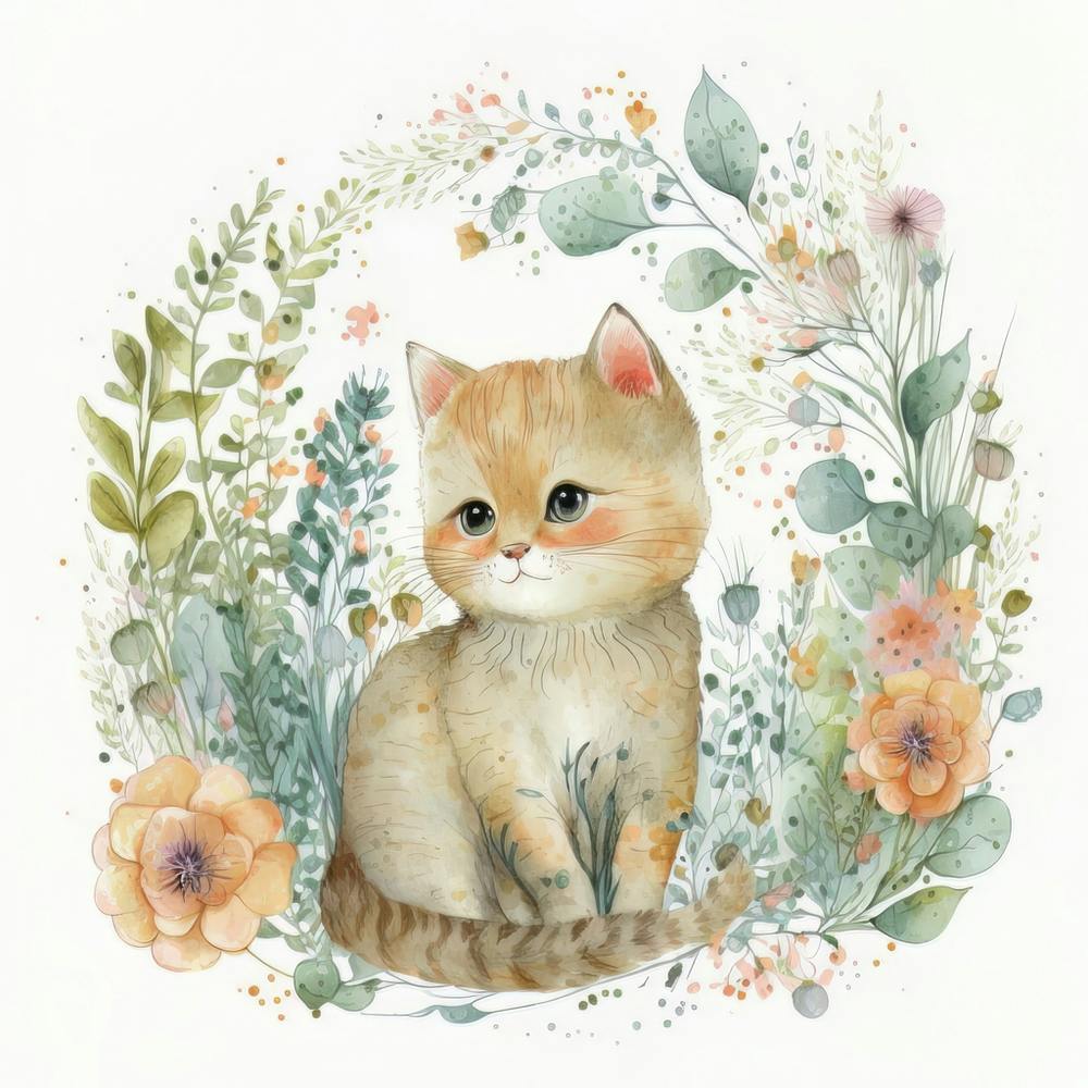 Watercolor Forest Cute Baby Cat