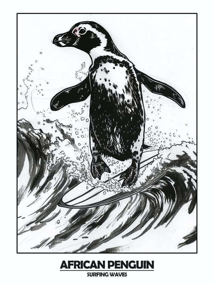 Penguin Surfing Waves Poster