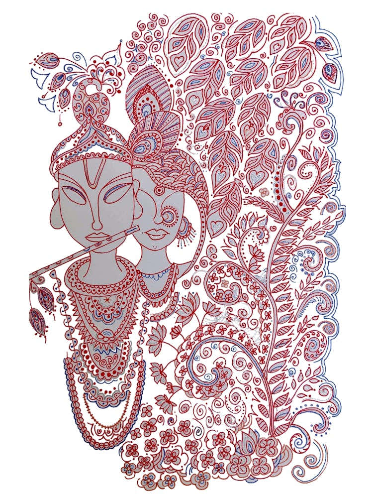 Unique original, pen and ink drawing of Radha Krishan ji, in madhubani art style, in red colour, by DollyJ