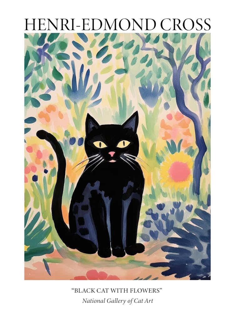 Henri Edmond Cross Style Black Cat With Flowers Poster