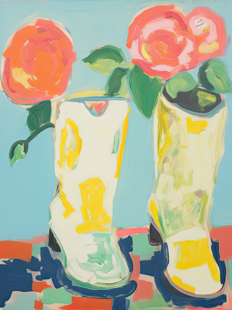 Painting Of Roses Flowers And Cowboy Boots, Oil Style 3
