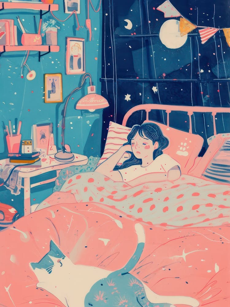 Girl Sleeping With Cats Tv Lo Fi Kawaii Illustration 4