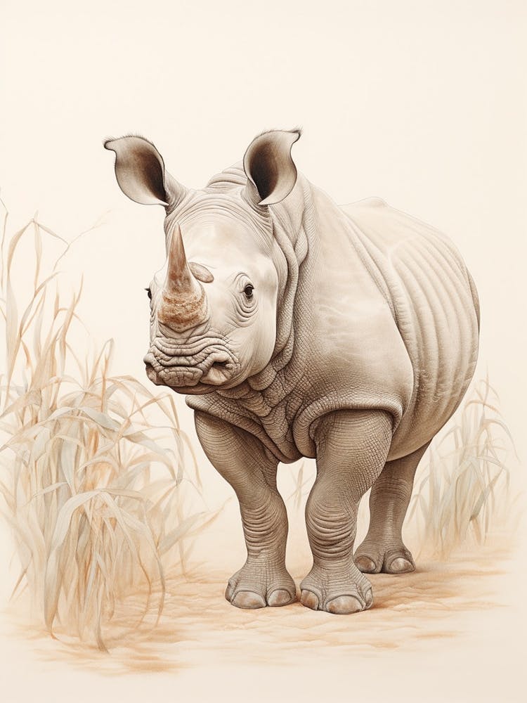 Rhino In The Grass Sepia Illustration