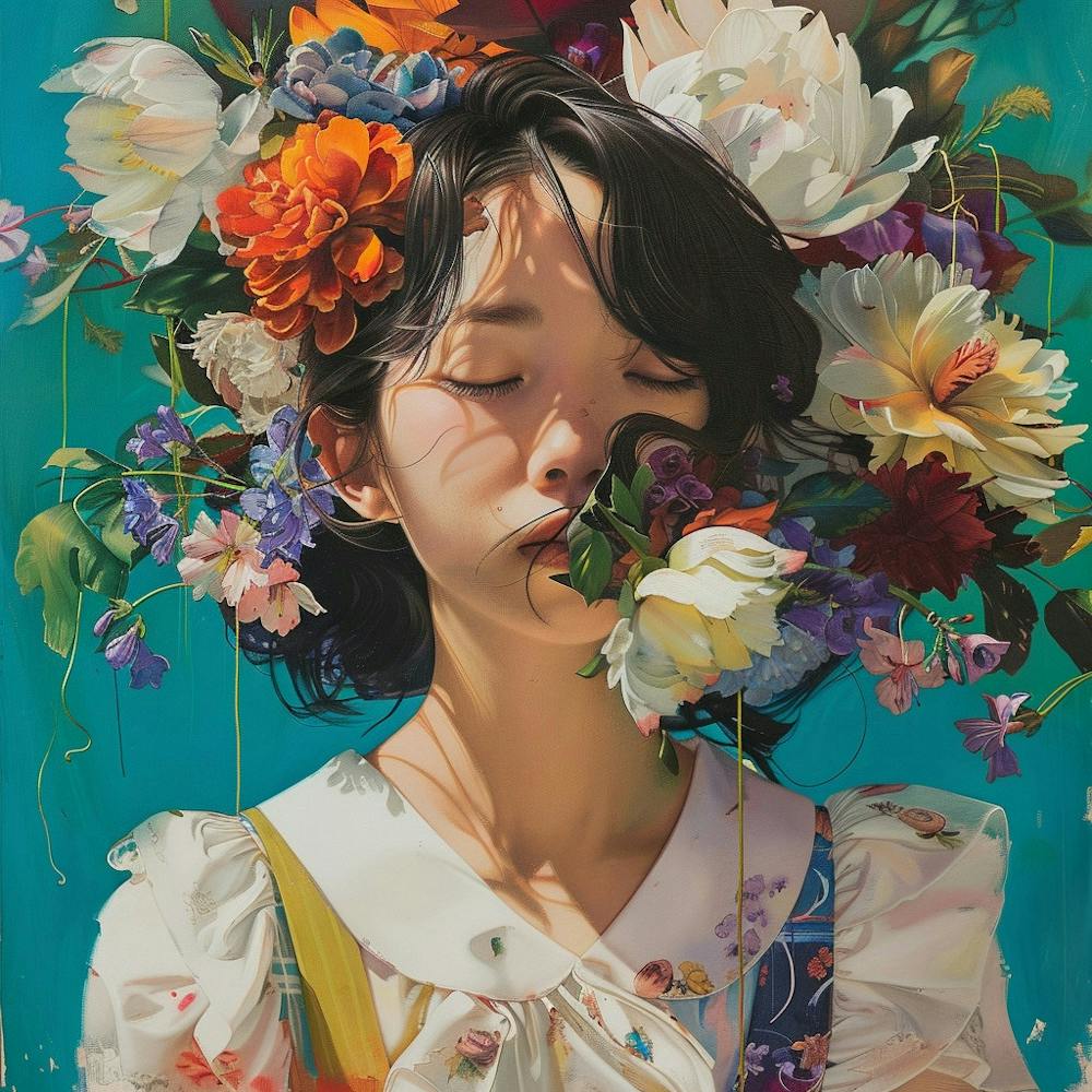 Japanese Girl With Flowers On Her Head