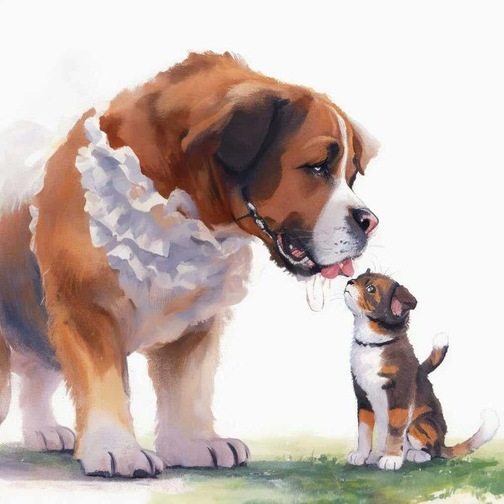 A Big Dog Playing With A Small Cat Painted 0 Optimized