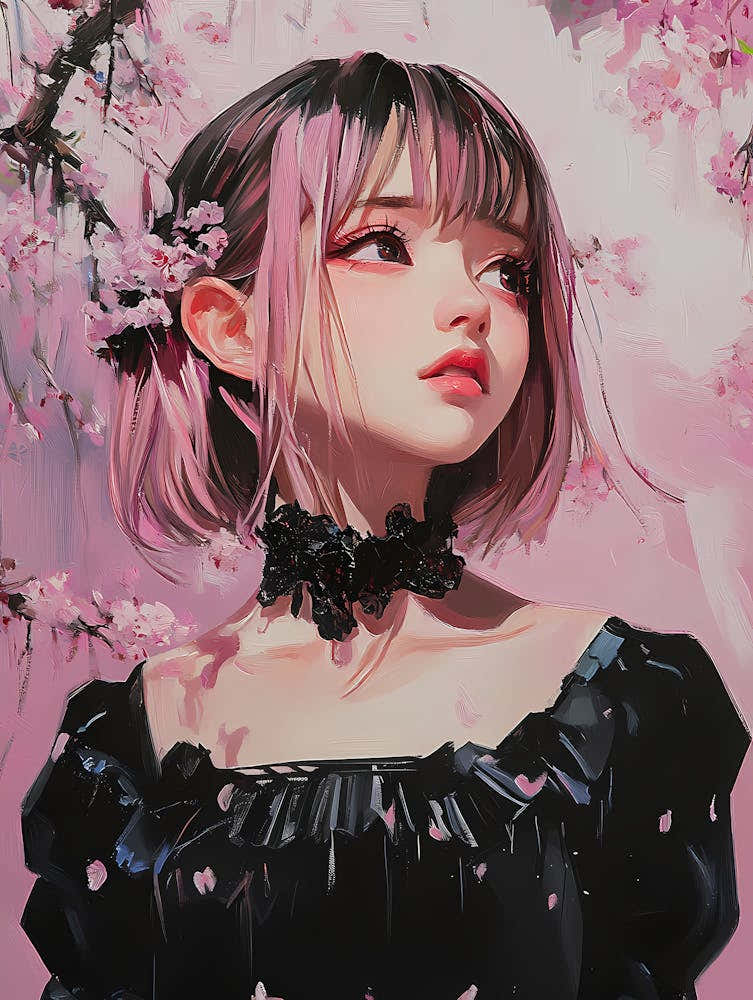 Anime Girl In Black Dress - under sakura