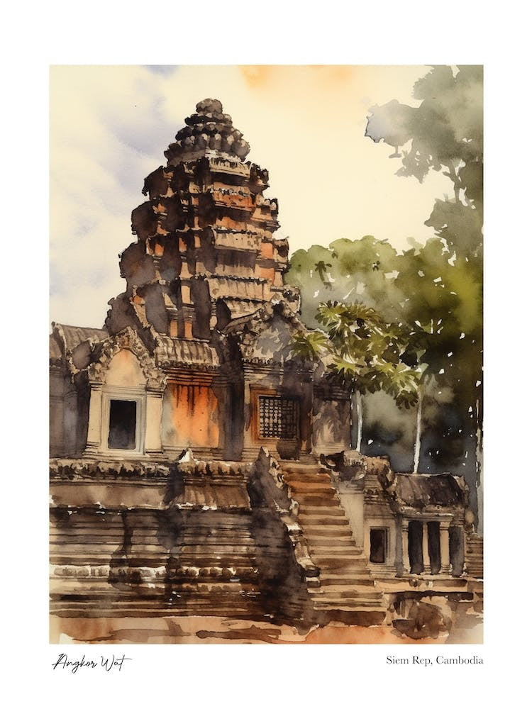 Angkor Wat Cambodia 1 Watercolour Travel Poster