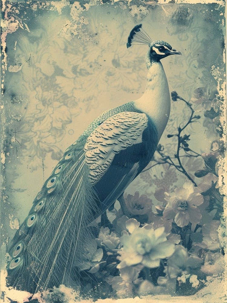 Vintage Cyanotype Inspired Peacock With Blossom 1